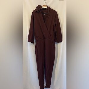 Women's Burgundy Athleisure Loungewear Jumpsuit MD Faux Wrap Top Dolman Sleeves